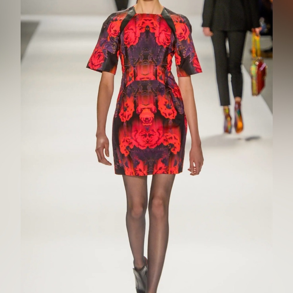Nanette Lepore Vogue runway pink floral dress with leather accenting